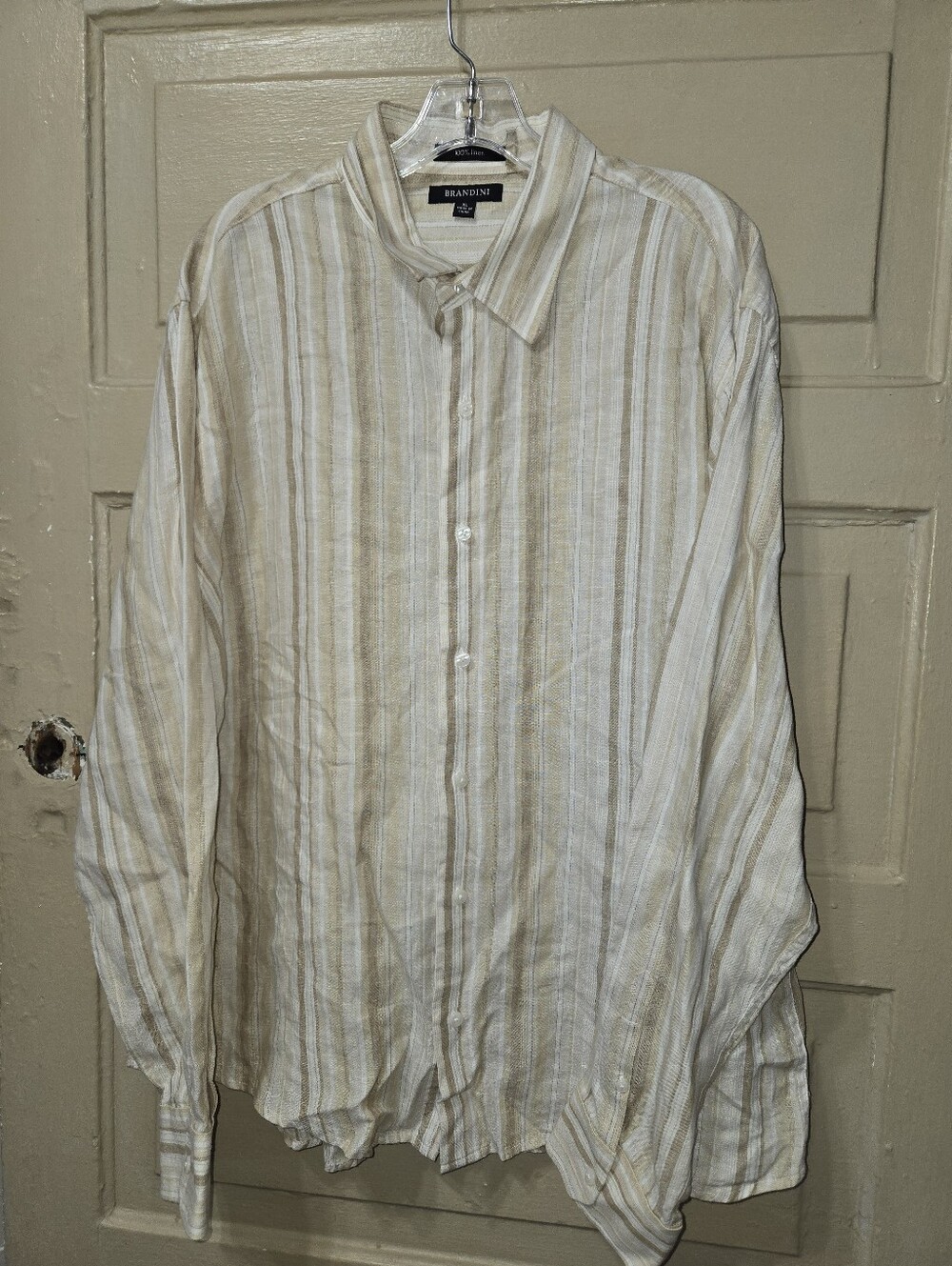 Brandini 100% Linen Tan Cream Striped Long Sleeve Button Down Shirt NWOT